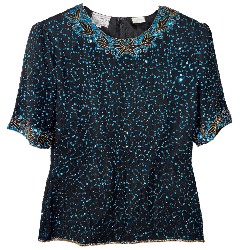 NWT‎ Vintage 90s Stenay Women M 100% Silk Handmade Black Blue Gold Beaded Top